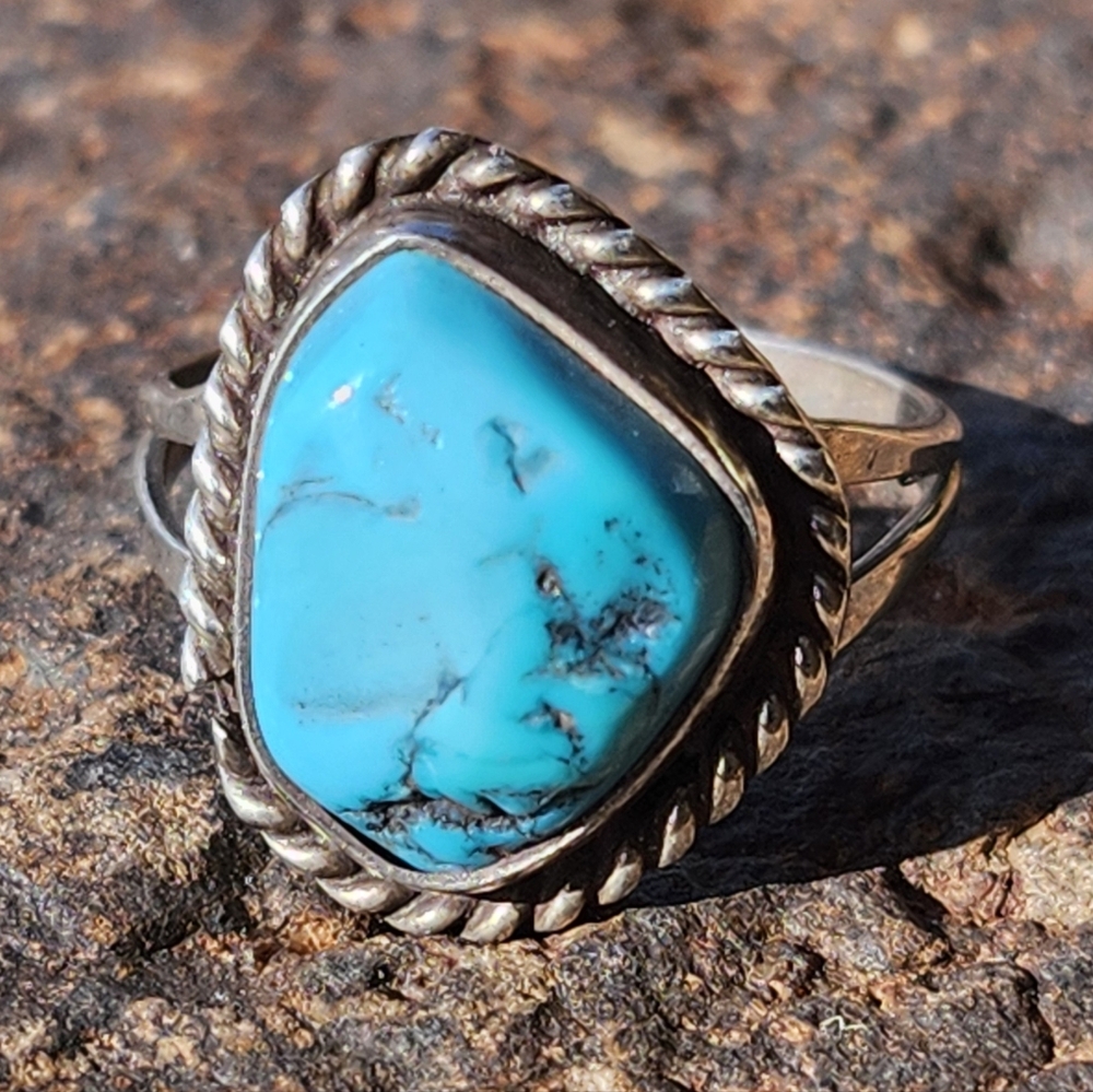 Sterling Silver Vintage Blue Turquoise Nugget Ring